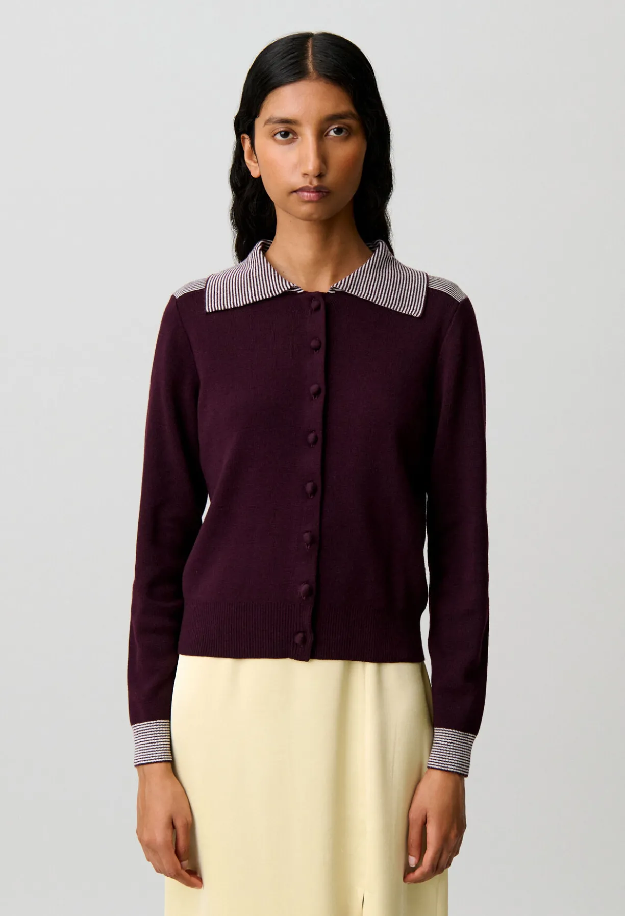 Cardigan laine col marin rayures