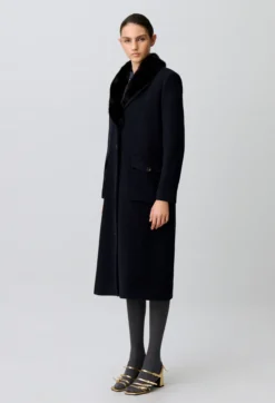 Manteau long laine col fausse fourrure