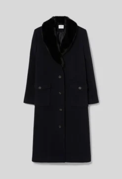 Manteau long laine col fausse fourrure