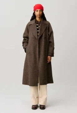 Manteau mi-long carreaux ceinture
