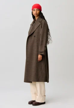 Manteau mi-long carreaux ceinture