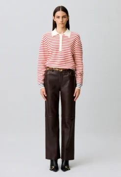 Pantalon droit cuir bouton doré