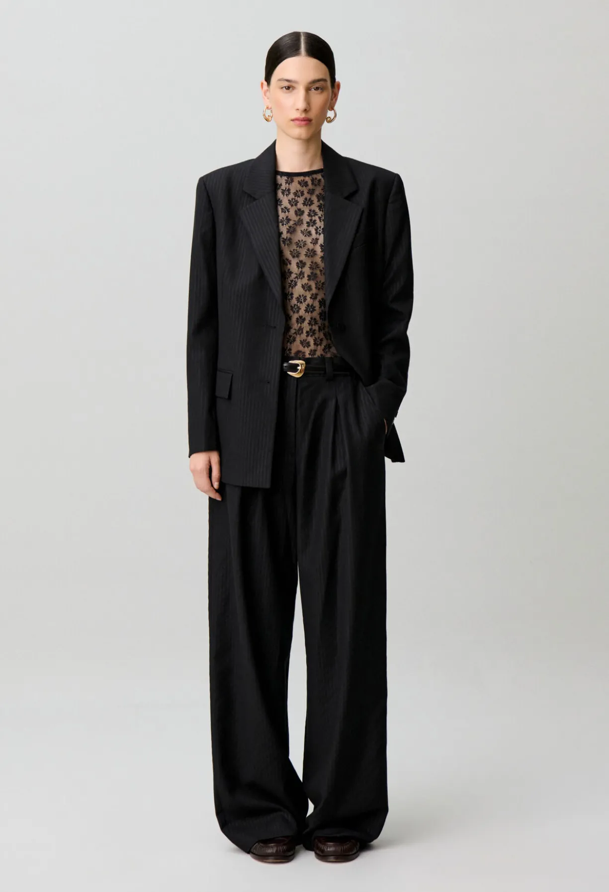 Pantalon droit laine mélangée rayures