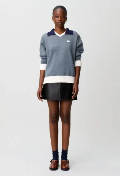 Pull maille double col contrasté