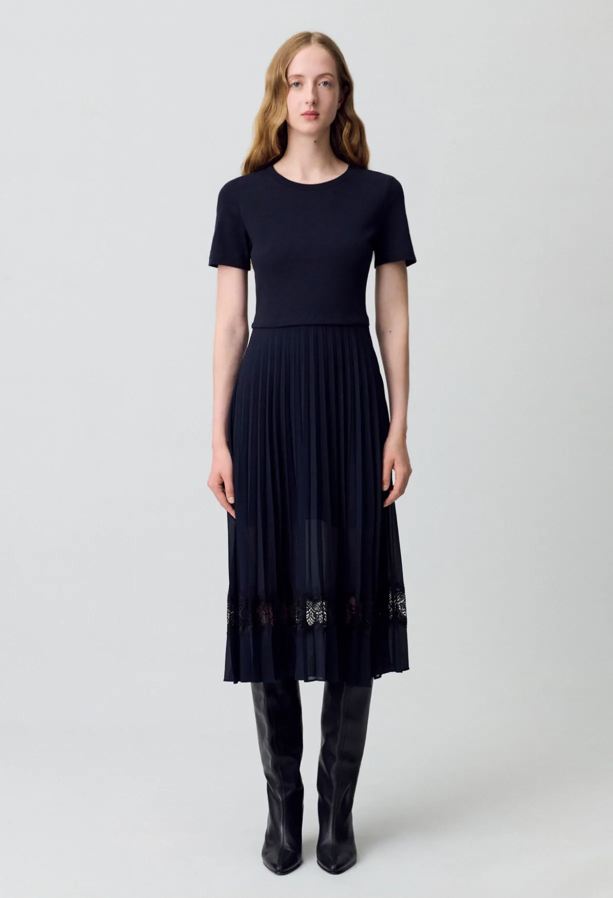Robe midi bi-matière noire et marine