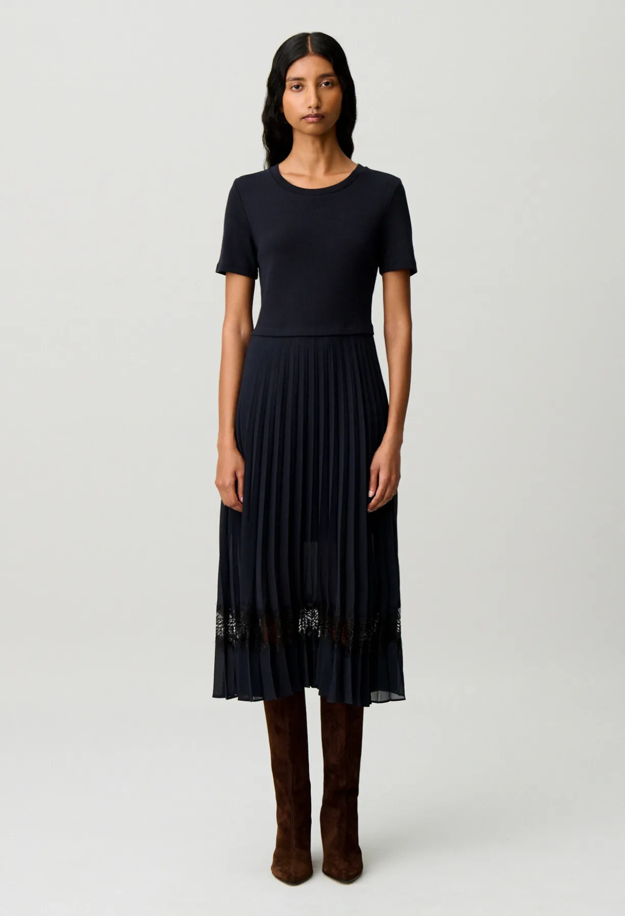 Robe midi bi-matière noire et marine