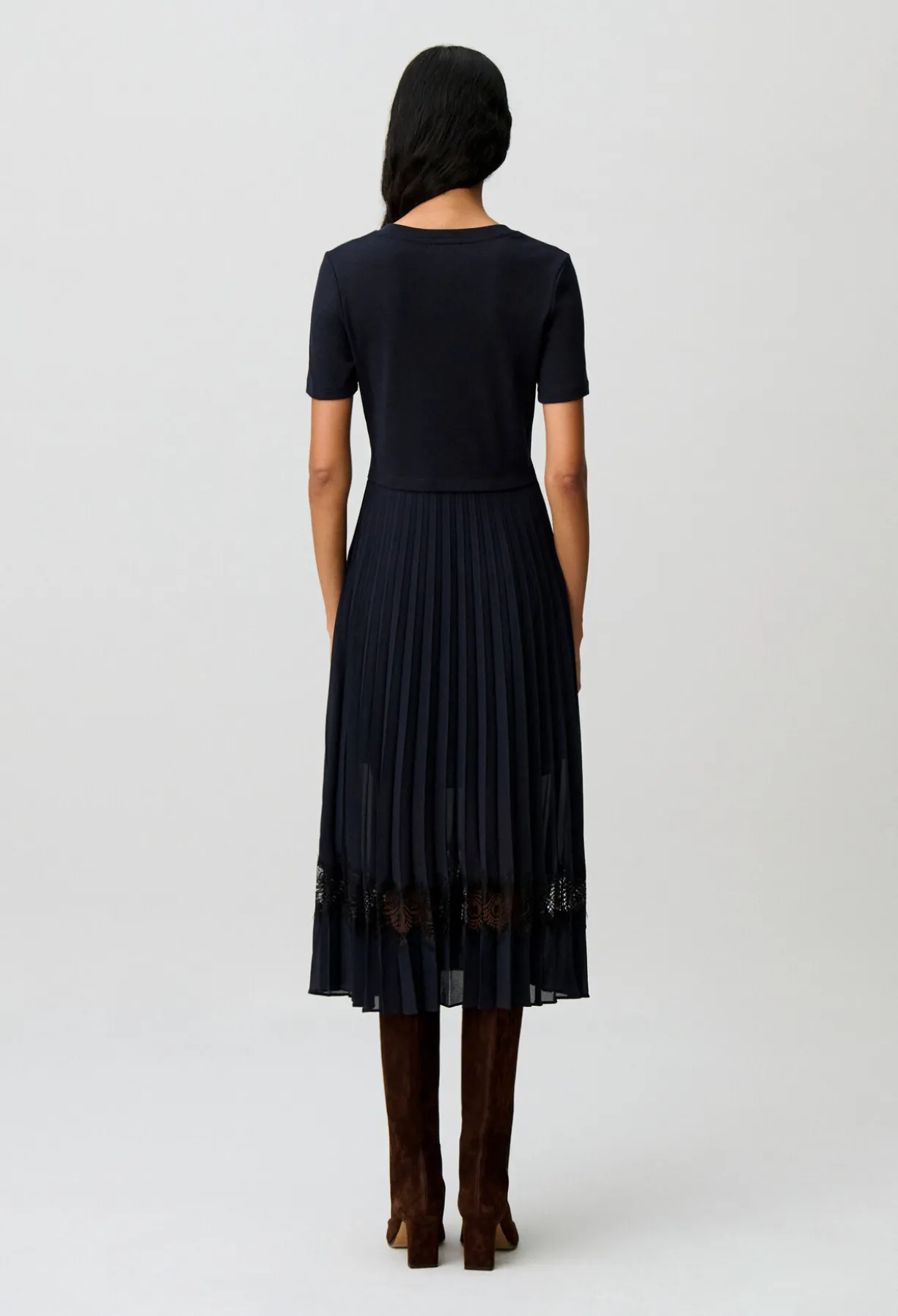 Robe midi bi-matière noire et marine