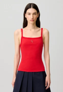 Top rouge en coton à cœur dentelle
